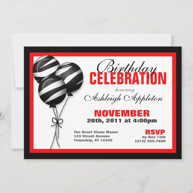 Invitaciones de cumpleaños rojos para la impresión (Anverso)