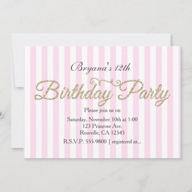 Invitaciones de cumpleaños rosa con brillo dorado (Anverso)