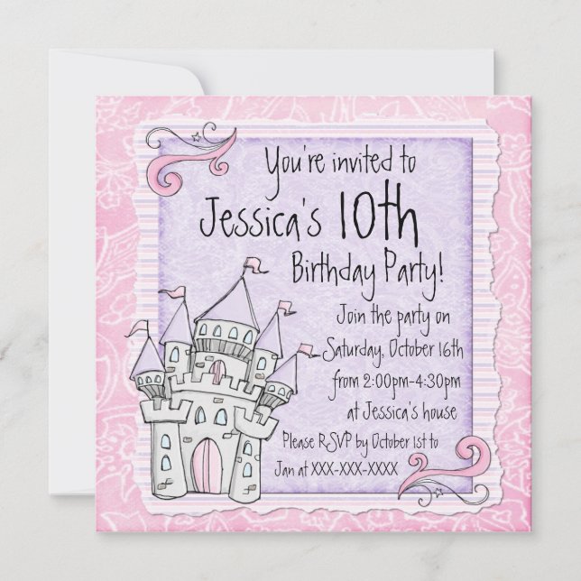 invitaciones de cumpleaños rosadas de castillo de  (Anverso)
