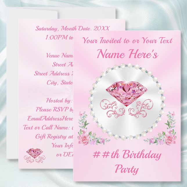Invitaciones de cumpleaños rosadas, de diamantes y (Personalised Birthday Invitations for her, mum, daughter, grandmother. 30 year birthday invitations.)