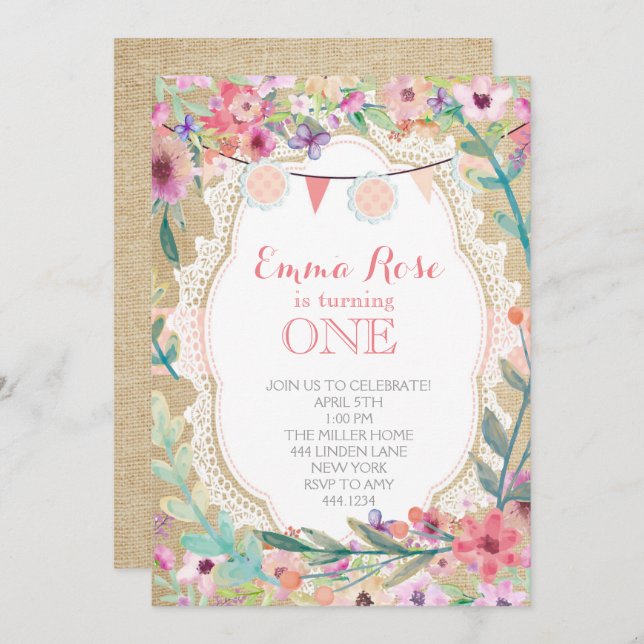 Invitaciones de cumpleaños rosado de Shabby Chic B (Anverso / Reverso)