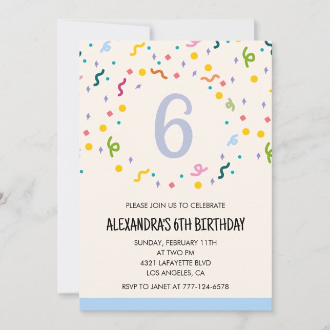 Invitaciones de cumpleaños simples de 6 años Confe (Anverso)