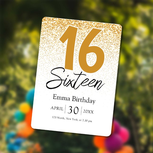 invitaciones de cumpleaños sweet 16 con brillo dor (golden glitter sweet 16 birthday invitations card)