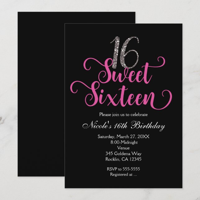 Invitaciones de cumpleaños Sweet 16 rosa y negro (Anverso / Reverso)