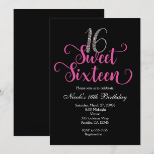 Invitaciones de cumpleaños Sweet 16 rosa y negro