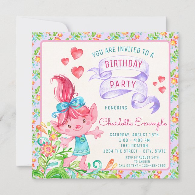 Invitaciones de cumpleaños Troll para niñas (Anverso)