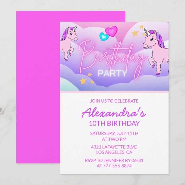 Invitaciones de cumpleaños Unicornio Arcoíris 10º  (Anverso / Reverso)