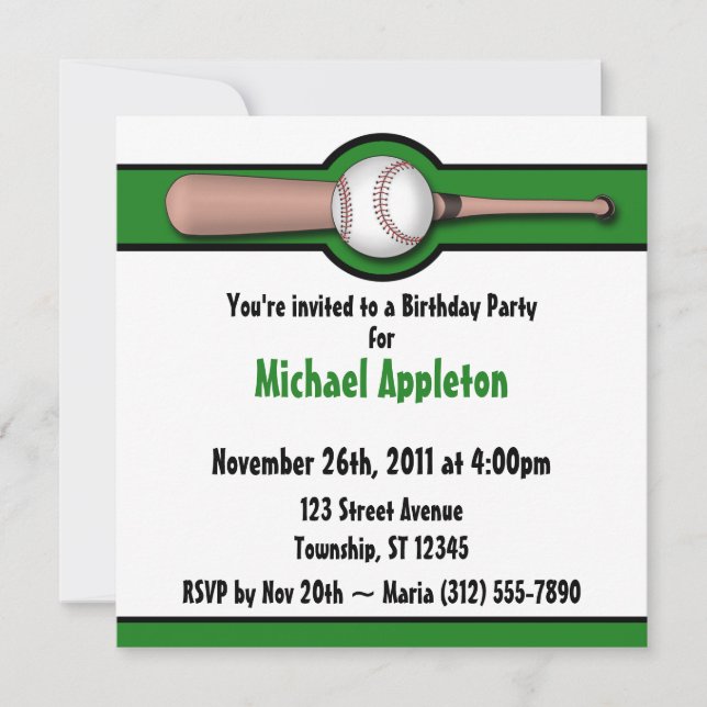 Invitaciones de cumpleaños verdes para el béisbol (Anverso)
