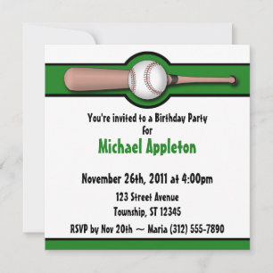 Invitaciones de cumpleaños verdes para el béisbol