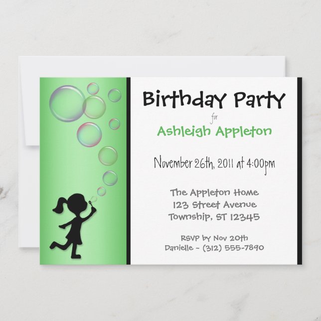 Invitaciones de cumpleaños verdes para las burbuja (Anverso)