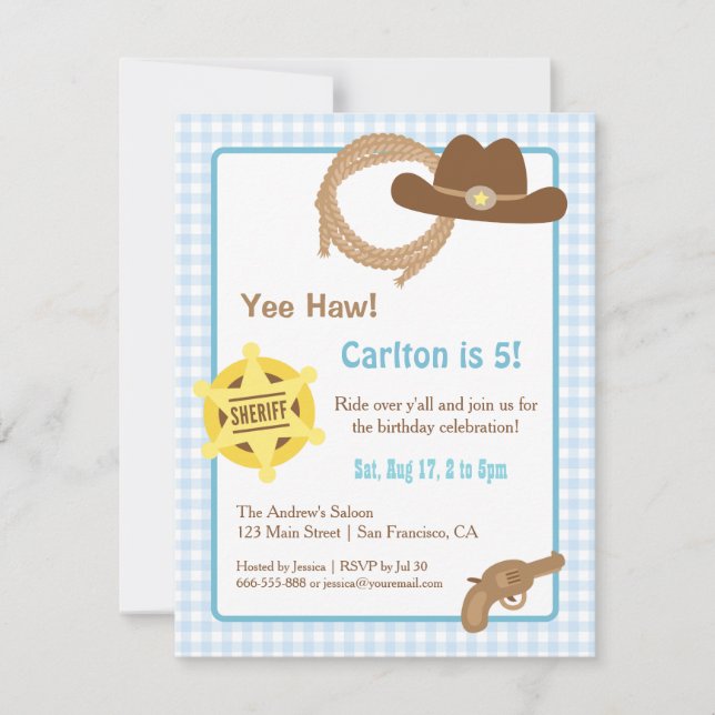 Invitaciones de cumpleaños western para niños vaqu (Anverso)