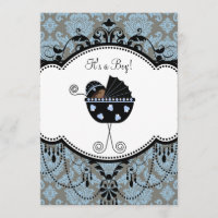 Invitaciones de damasco negro azul para baby showe