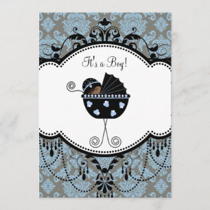 Invitaciones de damasco negro azul para baby showe