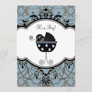 Invitaciones de damasco negro azul para baby showe