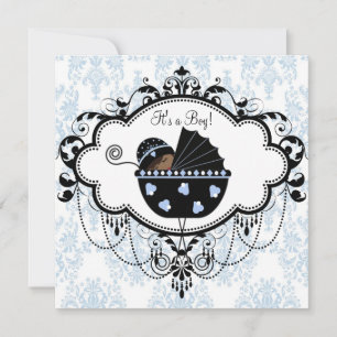 Invitaciones de damasco negro azul para baby showe