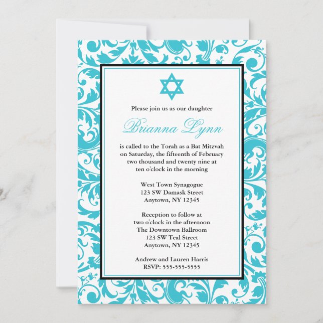 Invitaciones de Damask Bat Mitzvah de Swirl Azul v (Anverso)