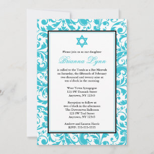 Invitaciones de Damask Bat Mitzvah de Swirl Azul v