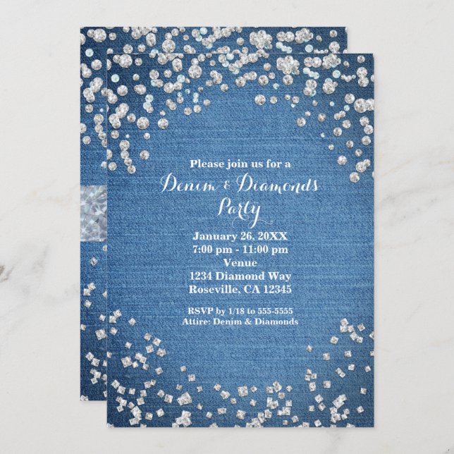 Invitaciones de Denim & Diamonds Glam Scattered Bl (Anverso / Reverso)