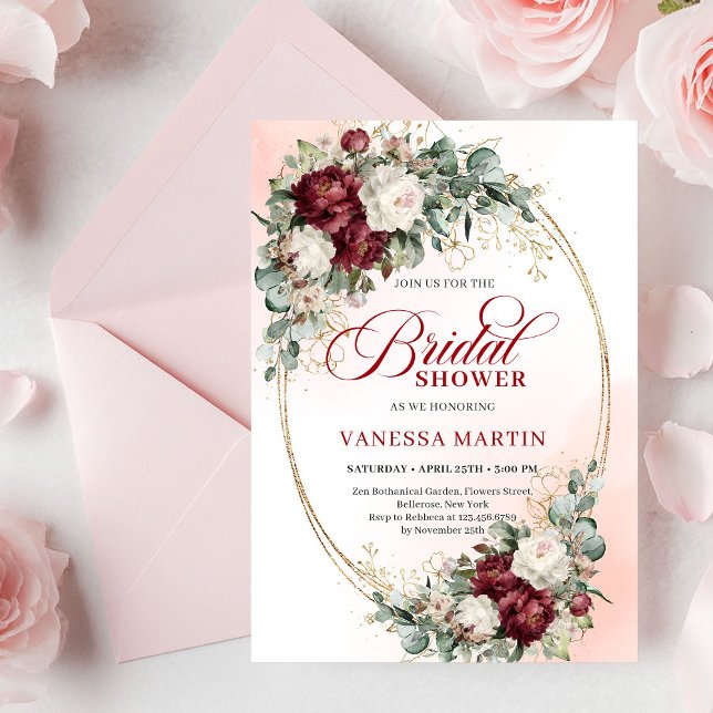 Invitaciones de Despedida de Soltera con Flores Ro (Boho Red and White Flowers Bridal Shower Invitation)