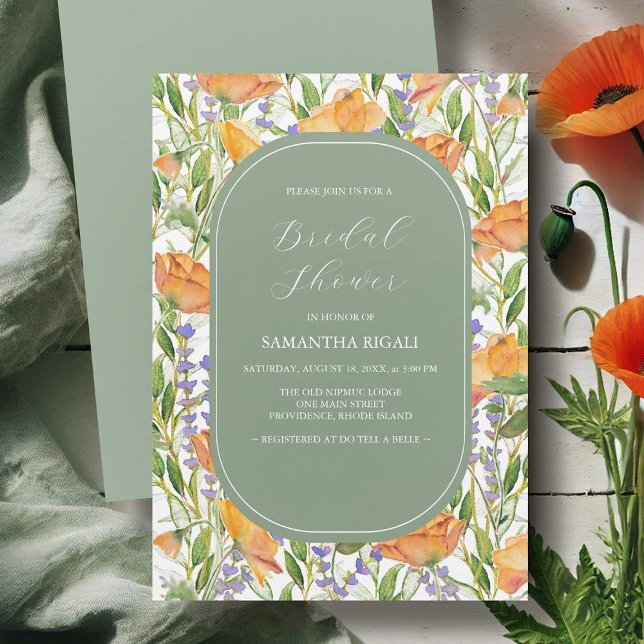 Invitaciones de Despedida de Soltera con Flores Si (Sage green and watercolor flowers bridal shower invitations art by Victoria Grigaliunas DoTellABelle)