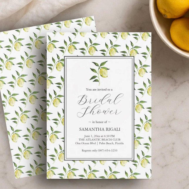 Invitaciones de Despedida de Soltera con Patrón de (Lemon bridal shower invitations designed with hand painted art by Florida watercolor artist Victoria)