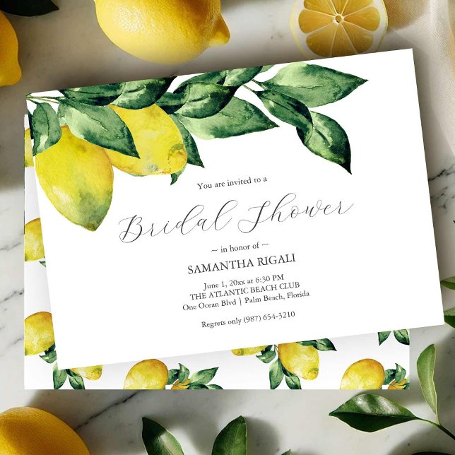 Invitaciones de Despedida de Soltera de Limón | Ho (Watercolor lemons bridal shower invitations art by Victoria Grigaliunas of Do Tell A Belle)