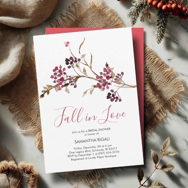 Invitaciones de Despedida de Soltera 'Enamorarse' (Fall in Love bridal shower invitation featuring rustic watercolor red and burgundy botanicals)