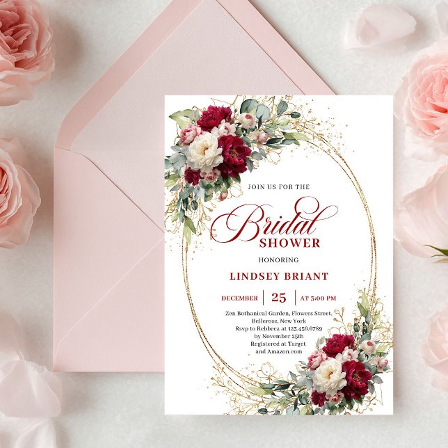 Invitaciones de Despedida de Soltera Rosas Merlot  (Romantic Merlot Roses Gold Bridal Shower Invitation)