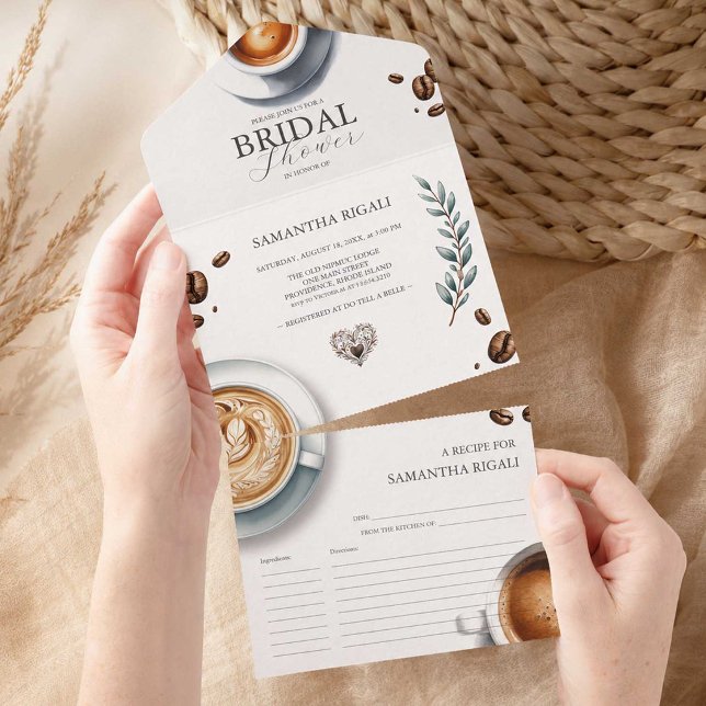 Invitaciones de Despedida de Soltera Todo en Uno E (Coffee themed bridal shower invitations with recipe cards. Tri-fold seal and send. )