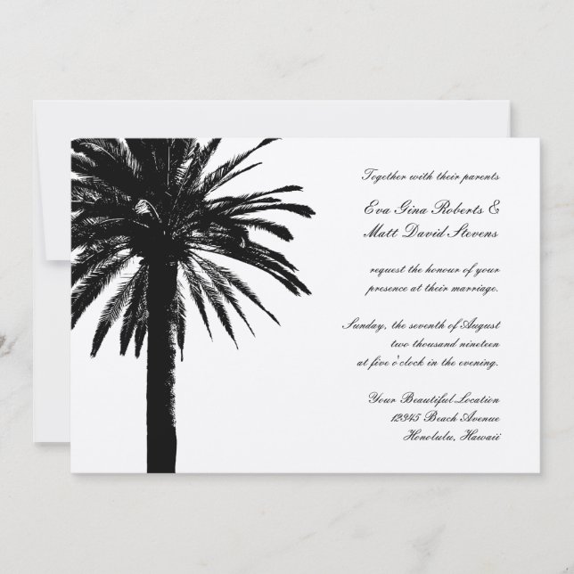 invitaciones de destino boda con palmera (Anverso)