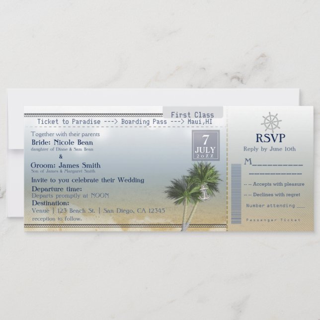 Invitaciones de destino de boda Ticket to Paradise (Anverso)
