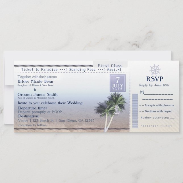 Invitaciones de destino de boda Ticket to Paradise (Anverso)