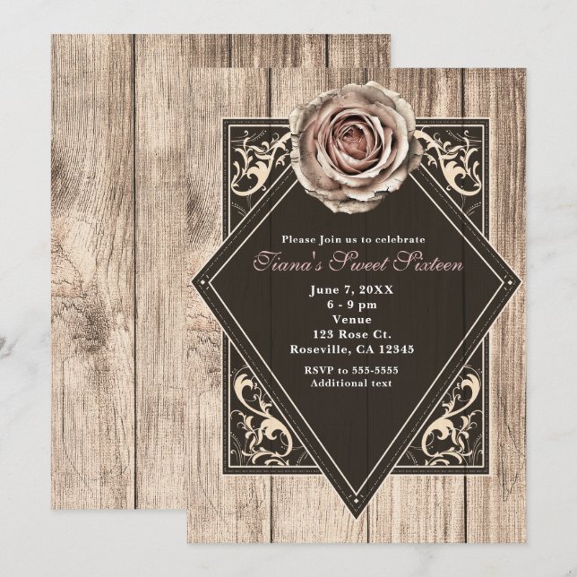 Invitaciones de Diamante de Madera Ligera Elegante (Anverso / Reverso)