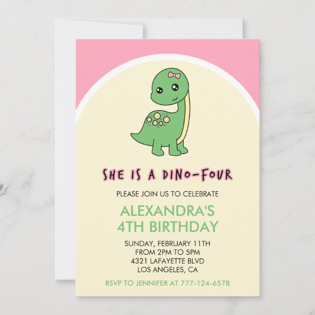 invitaciones de dinosaurio niña cumpleaños 4 rosa  (Anverso)