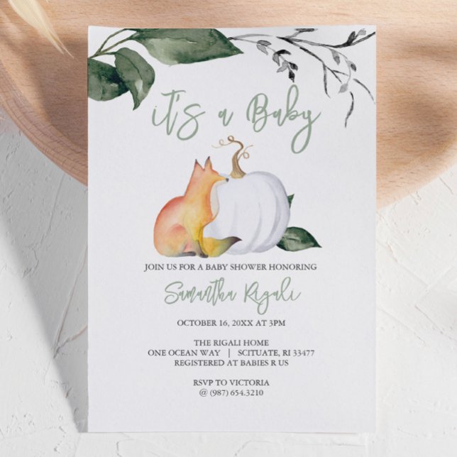 Invitaciones de ducha de bebé únicas de Woodland W (Autumn-themed baby shower invites woodland fox and white pumpkin gender neutral)