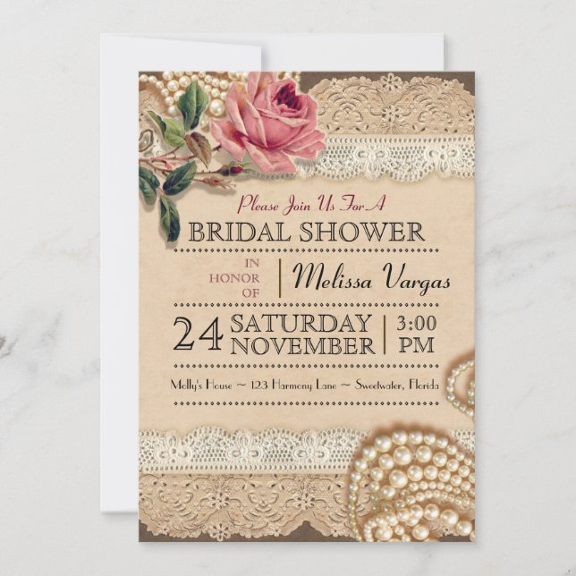 Invitaciones de ducha de casamiento con rosas rosa (Anverso)