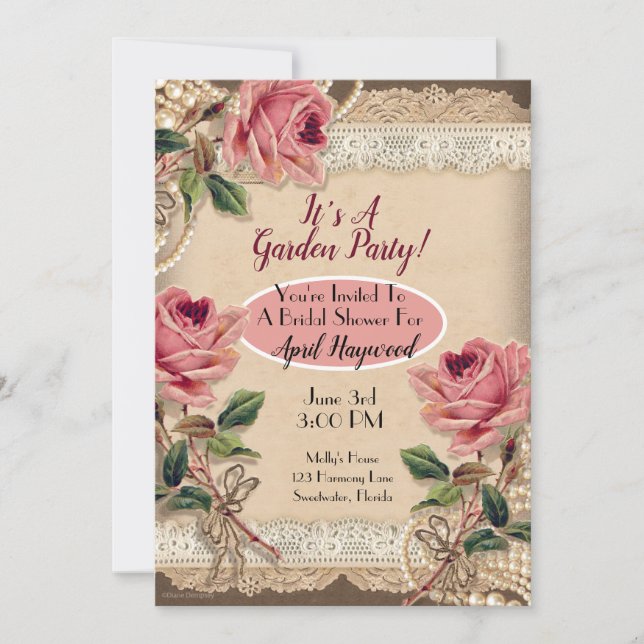 Invitaciones de ducha de casamiento con rosas rosa (Anverso)