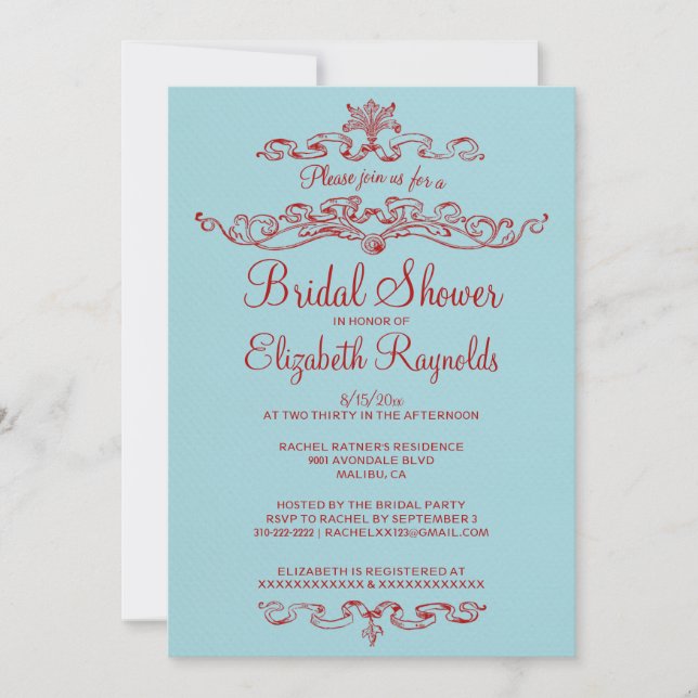 Invitaciones de ducha de novia azul y roja de lujo (Anverso)