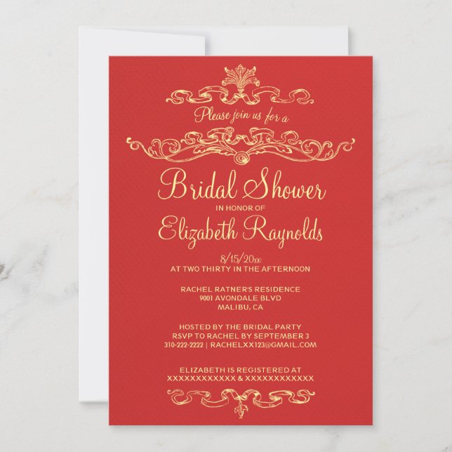 Invitaciones de ducha de novias rojas y doradas de (Anverso)