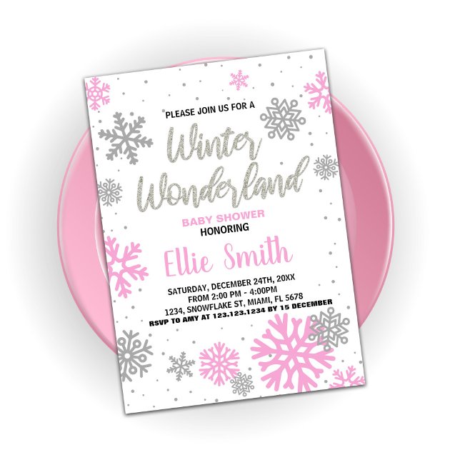 Invitaciones de ducha para bebés de invierno Blanc (Winter Baby Shower Invitations Pink White)