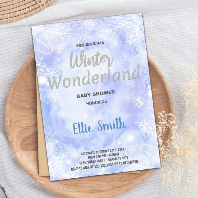 Invitaciones de ducha para bebés de invierno Purpu (Winter Baby Shower Invitations Blue Glitter Silver)