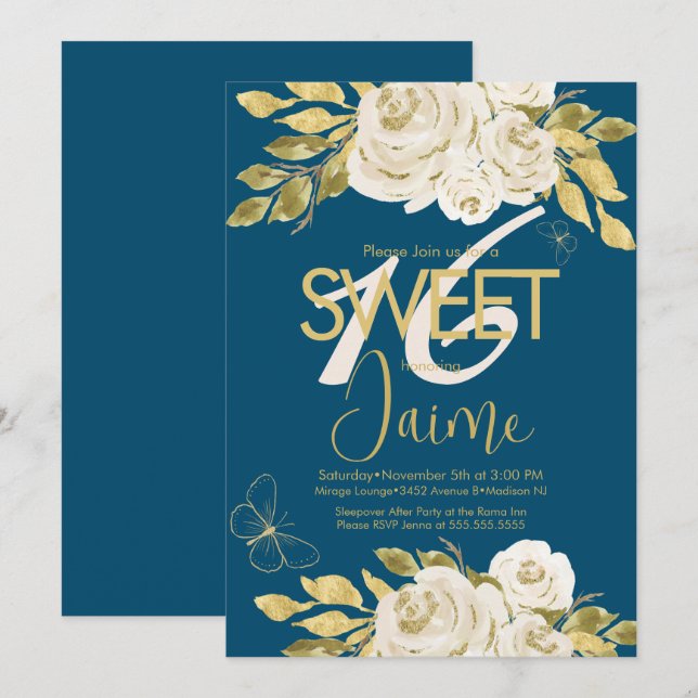 Invitaciones de Dulces 16 con Flores de Rosa Marfi (Anverso / Reverso)