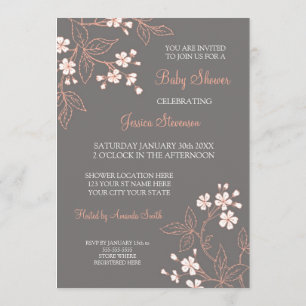 Invitaciones de encargo florales grises coralinas