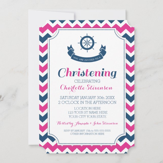 Invitaciones de encargo náuticas azules rosadas (Reverso)