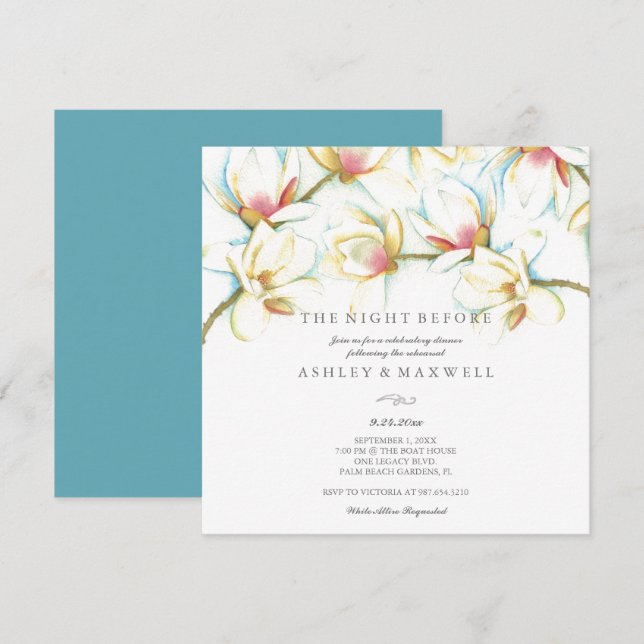 Invitaciones de ensayo acuarela Magnolia blanca (Anverso / Reverso)