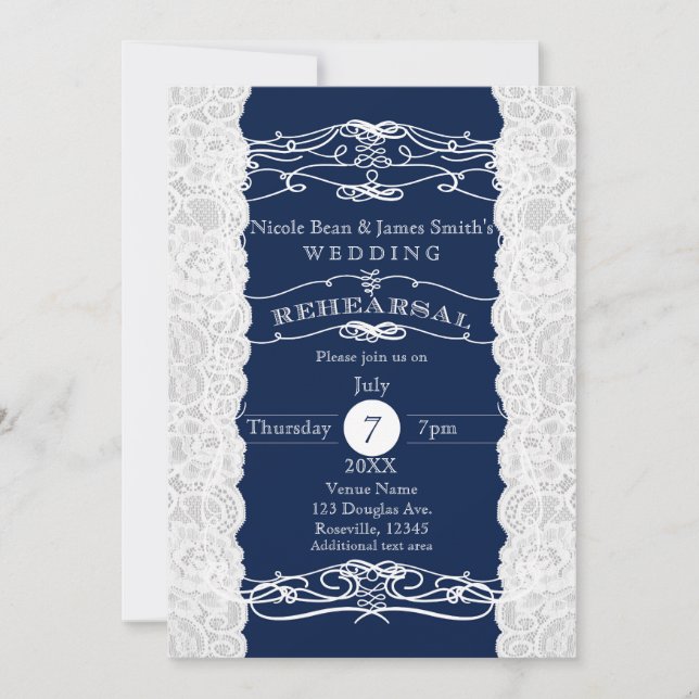 Invitaciones de ensayo de boda de encaje azul y bl (Anverso)