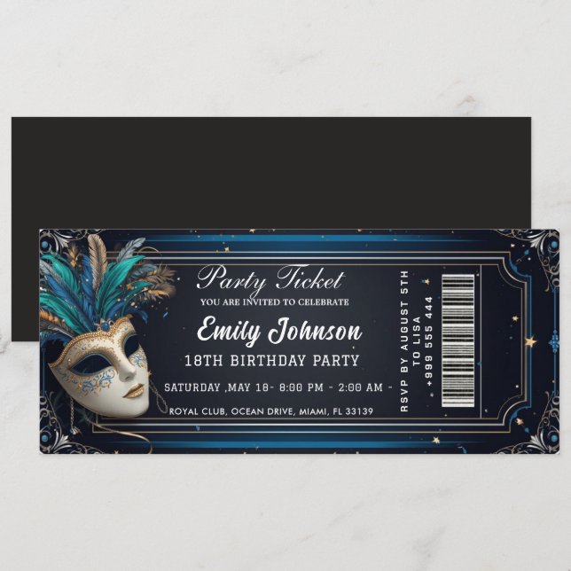  invitaciones de entrada para fiesta azul  (Anverso / Reverso)