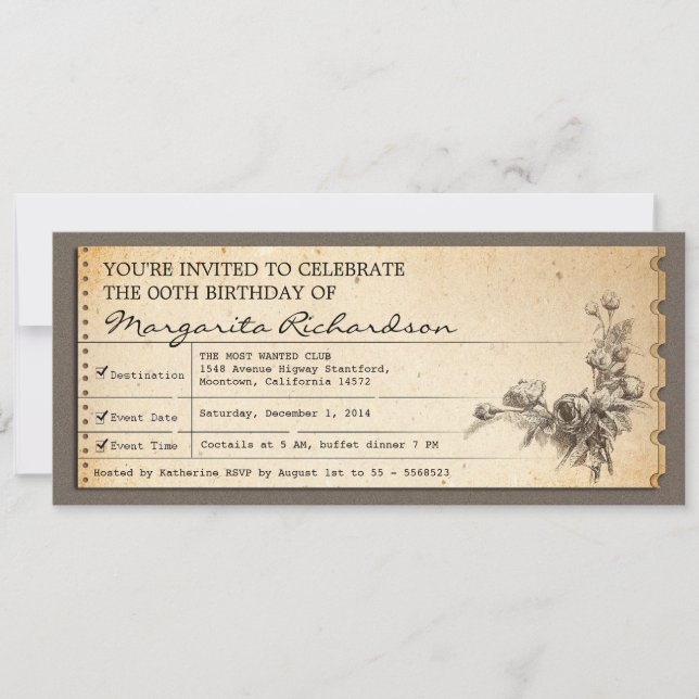 invitaciones de entradas de cumpleaños vintage (Anverso)