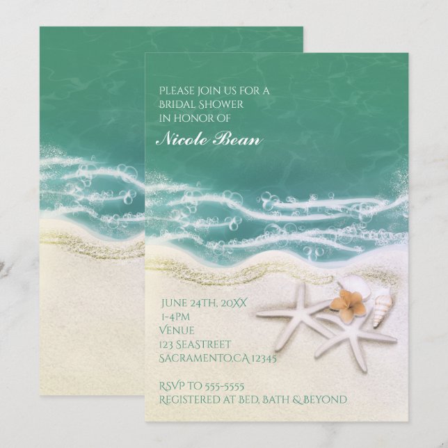 Invitaciones de Estrellas de Mar en la Playa con A (Anverso / Reverso)