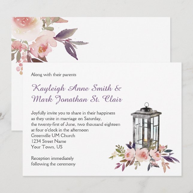 Invitaciones de farol de hierro rústico y flores (Anverso / Reverso)